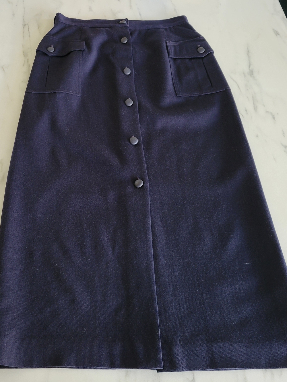Vintage 80s 90s Navy Blue 100% Wool ButtonWomen's Navy Button-Front A-Line Skirt